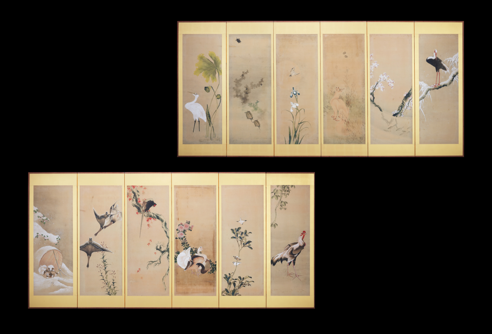 江戸後期 ~ 明治初期 六曲屏風 二点セット 鳥花図 美品 アンティーク