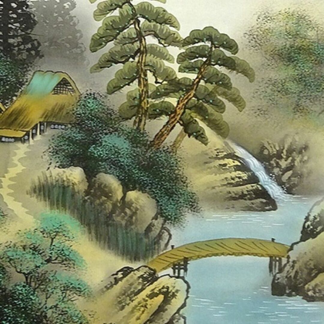 真作/有明/彩色山水図/桐共箱付/布袋屋掛軸HC-89 真