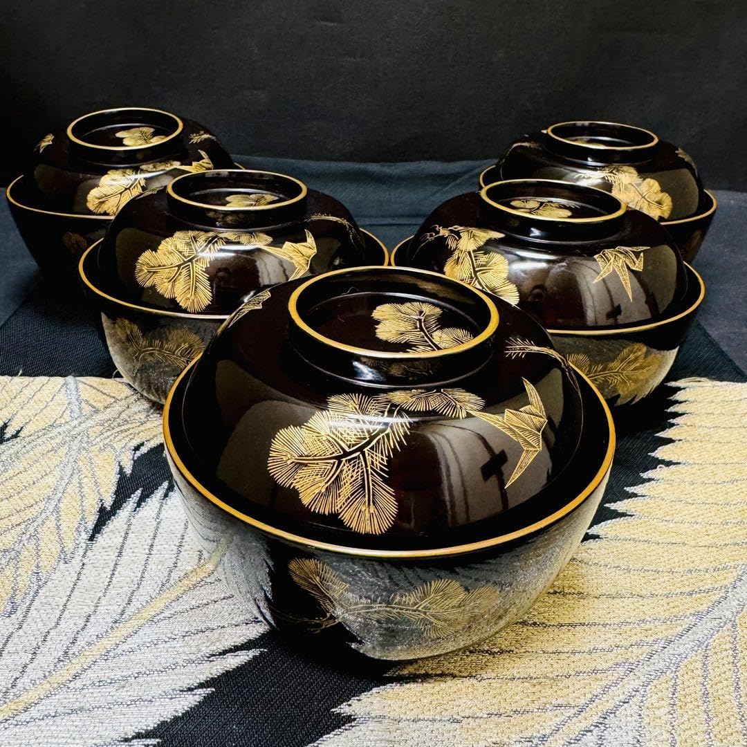 余韻】 輪島塗 松鶴文蒔絵付 吸物椀揃（5客）☆時代物 無傷美