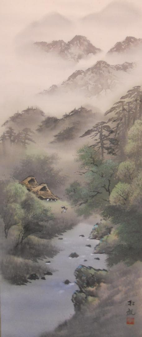 掛け軸 松観 彩色山水 絹本 希少 軸装 茶道具 掛軸 美品 です。