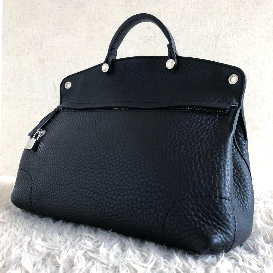 【極美品 イタリア製本革】フルラ　ハンドバッグ　黒　シボ　A4