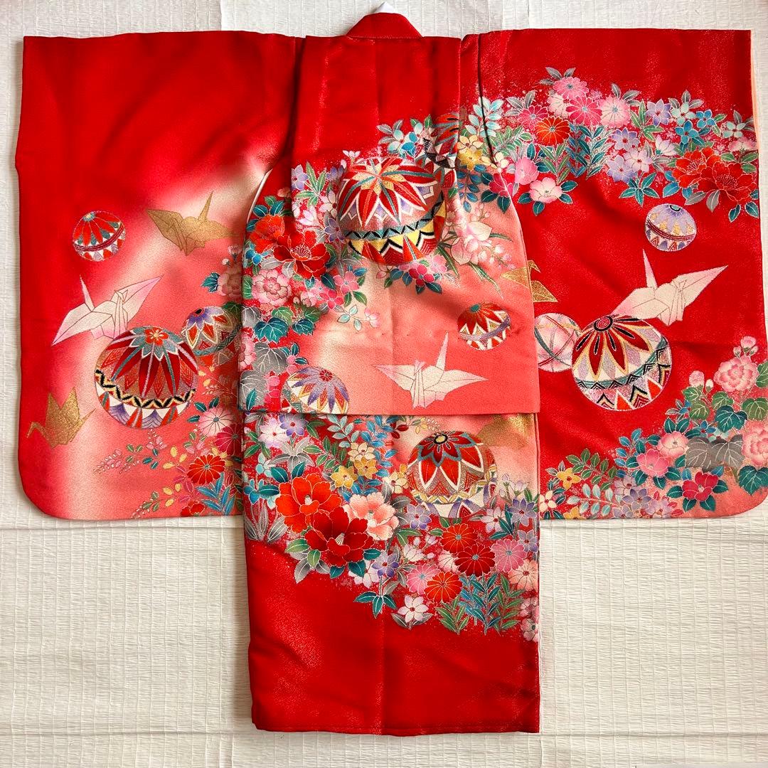 七五三 3歳 着物 753 正絹 被布 総絞り 三歳 赤 草履 金糸 花柄 毱