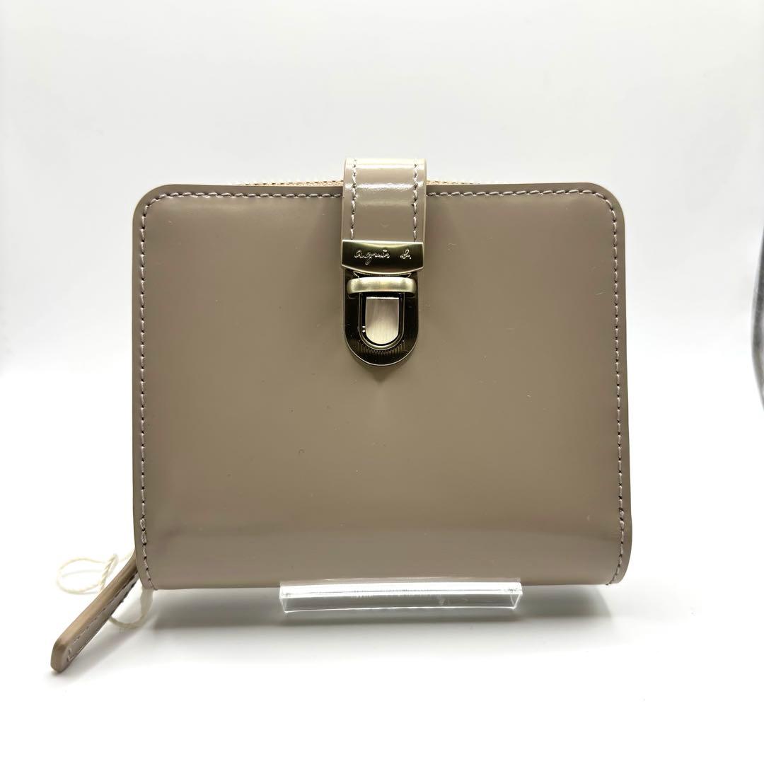 未使用品✨ 箱付 アニエスベー ガラスレザー メタルロックベルト 二つ折り財布 ガラスレザー 二つ折り ウォレット 