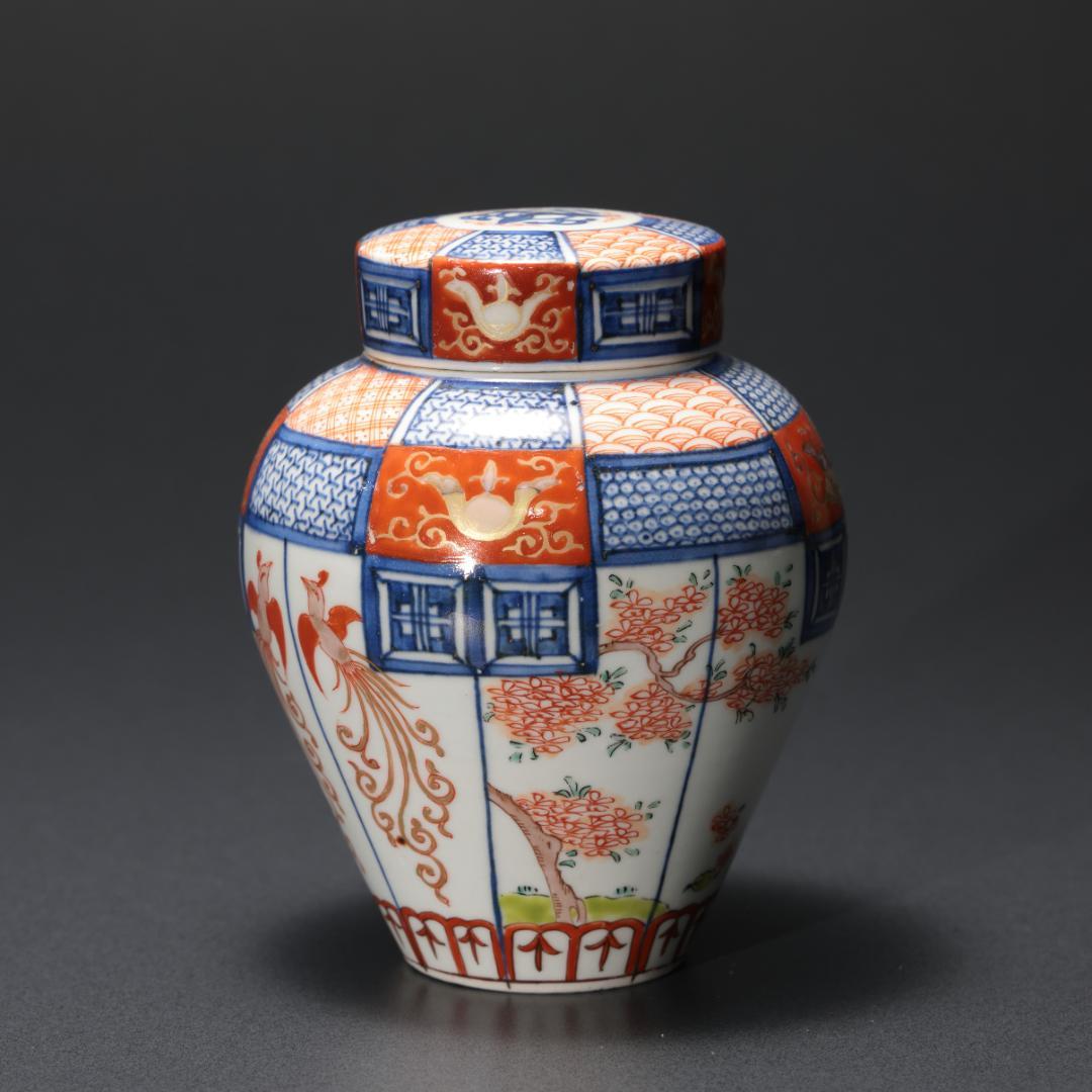 伊万里色絵花鳥図　茶壺　古伊万里　骨董　R1181お12 伊万里色絵花鳥図 茶壺 古伊万里 骨董 R1181お12